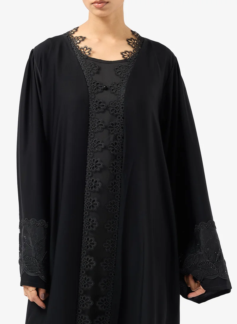 hayas closet  Black Abaya with Lace details & Sheila for Women | Best Price UAE